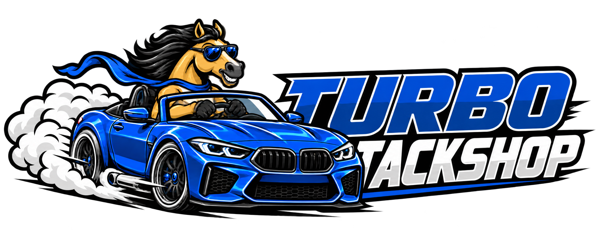 Turbo Tackshop horse driving a blue sports car